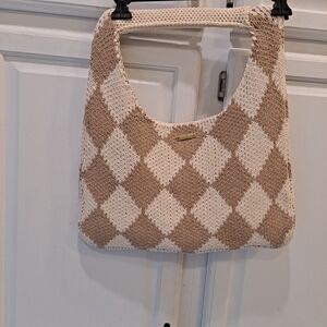 Kopari Beige and Cream Knit Argyle Diamond Pattern Shoulder Hobo Bag